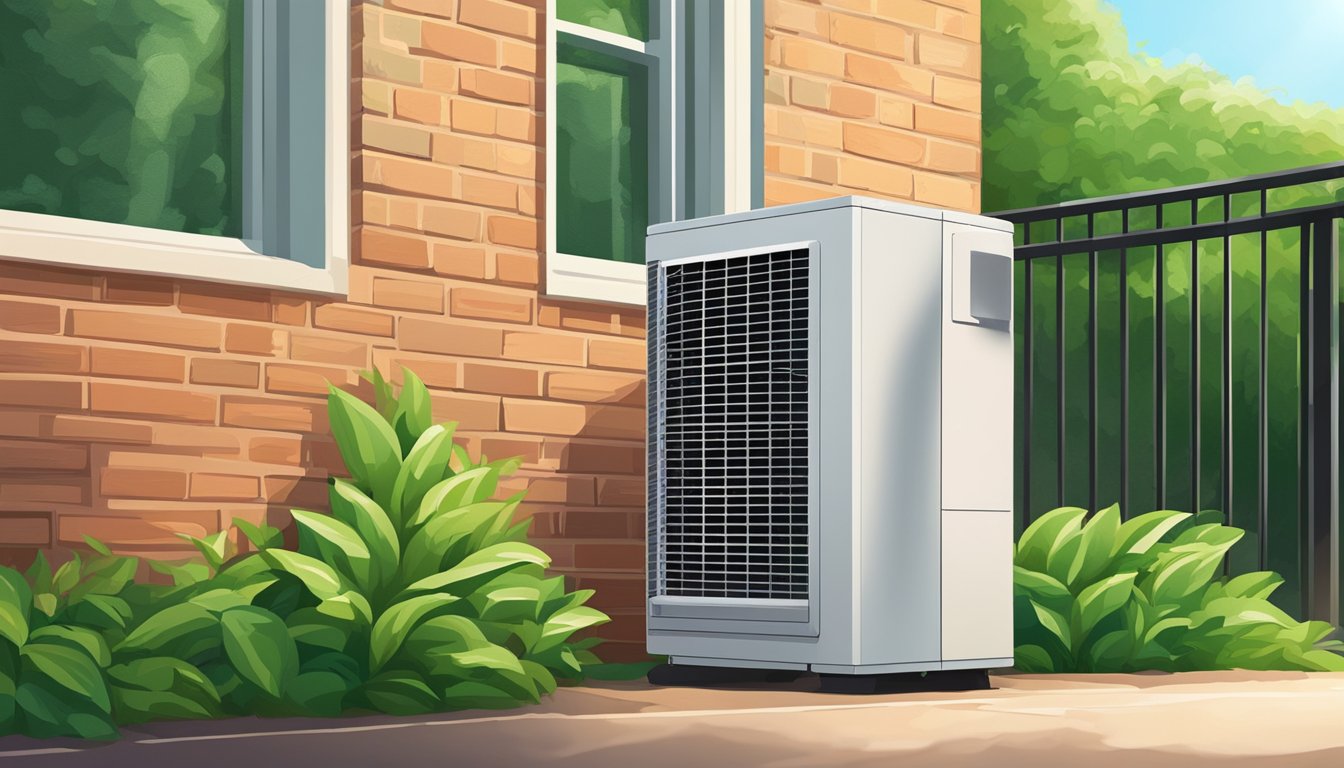 A tall outdoor air conditioner unit sits against a brick wall, surrounded by green foliage. The sun shines down on the unit, casting shadows on the ground