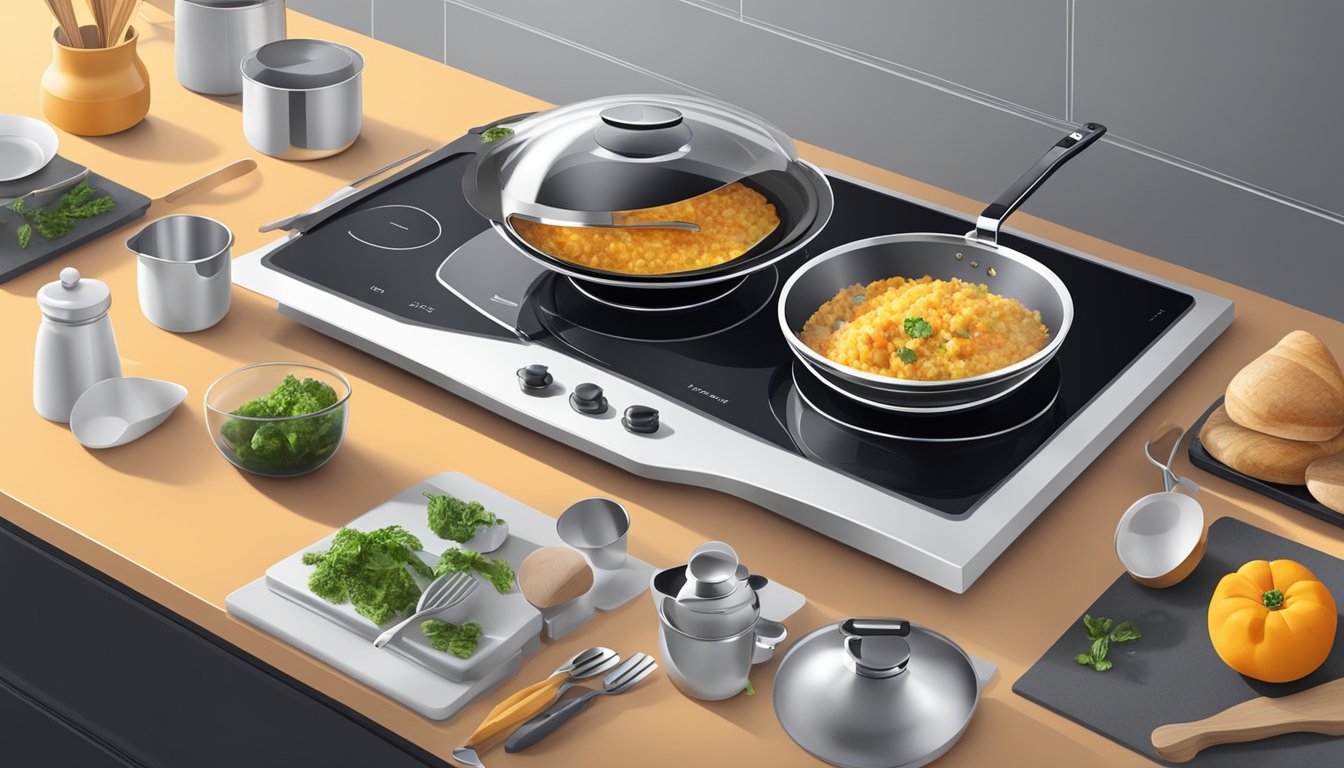 A kitchen with a sleek induction cooker on a clean countertop, surrounded by modern cookware and utensils