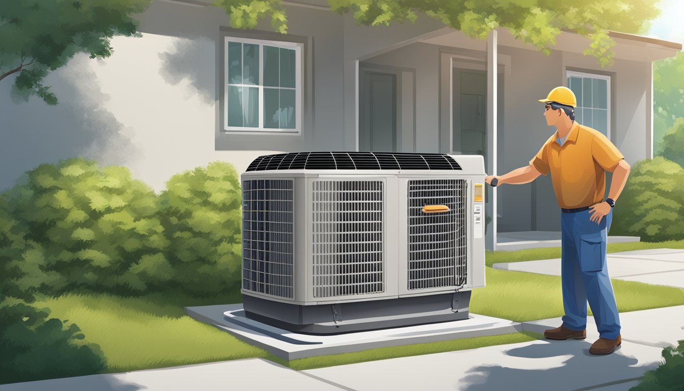 A technician installs an outdoor AC unit on a concrete pad next to a house, surrounded by bushes and trees for shade and protection