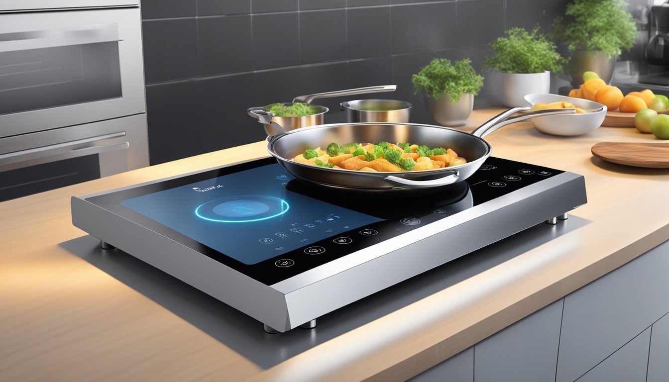 A sleek, modern induction cooker with touch controls and energy-efficient technology, surrounded by stainless steel and glass materials