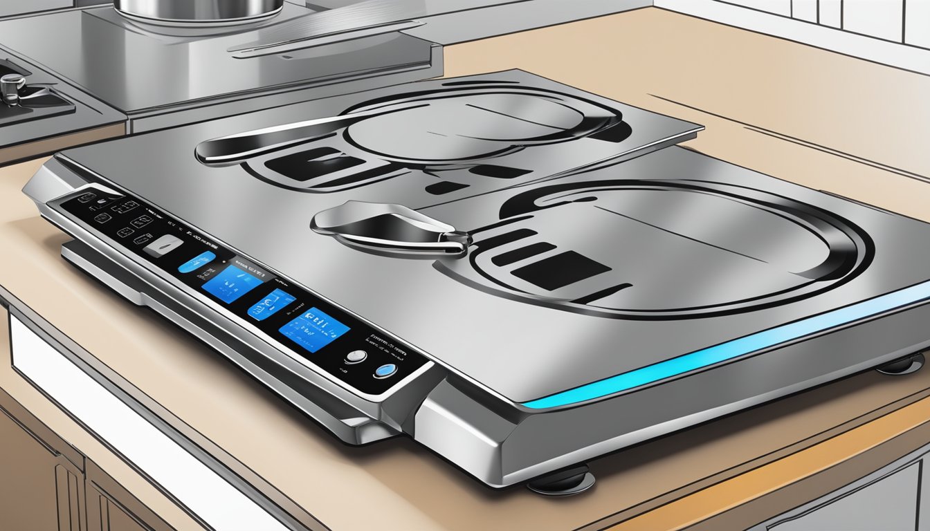 A sleek induction cooker with brand logos, surrounded by question marks and a list of frequently asked questions
