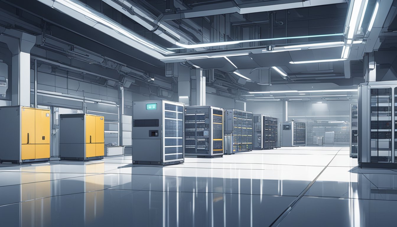 A futuristic storage facility with advanced technology and maintenance systems. High-tech equipment and automated processes in a sleek, minimalist environment