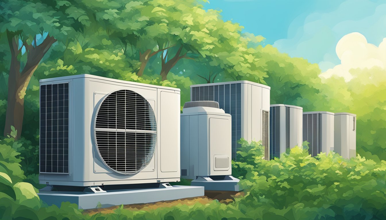 An outdoor air conditioner unit surrounded by greenery and clear blue skies