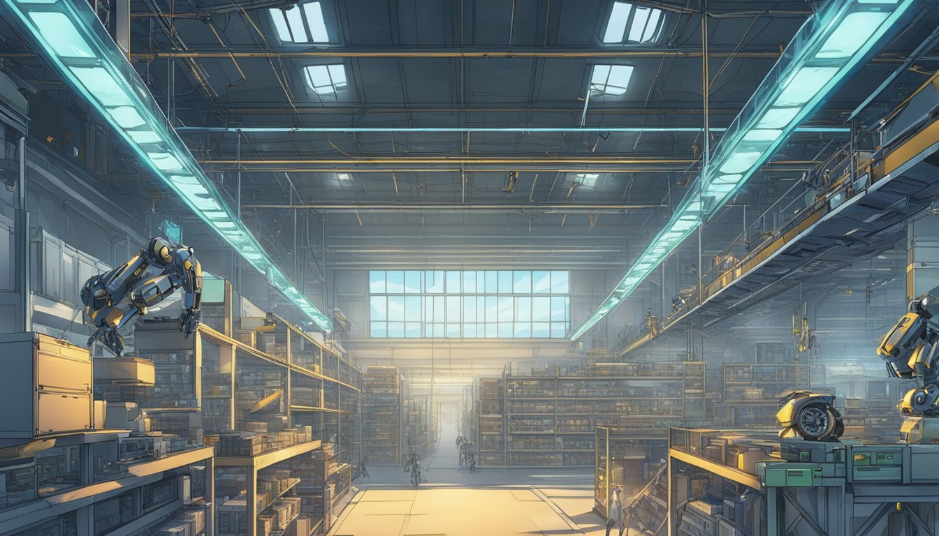 Robotic arms and drones work together in a futuristic warehouse, implementing advanced maintenance techniques for storage systems