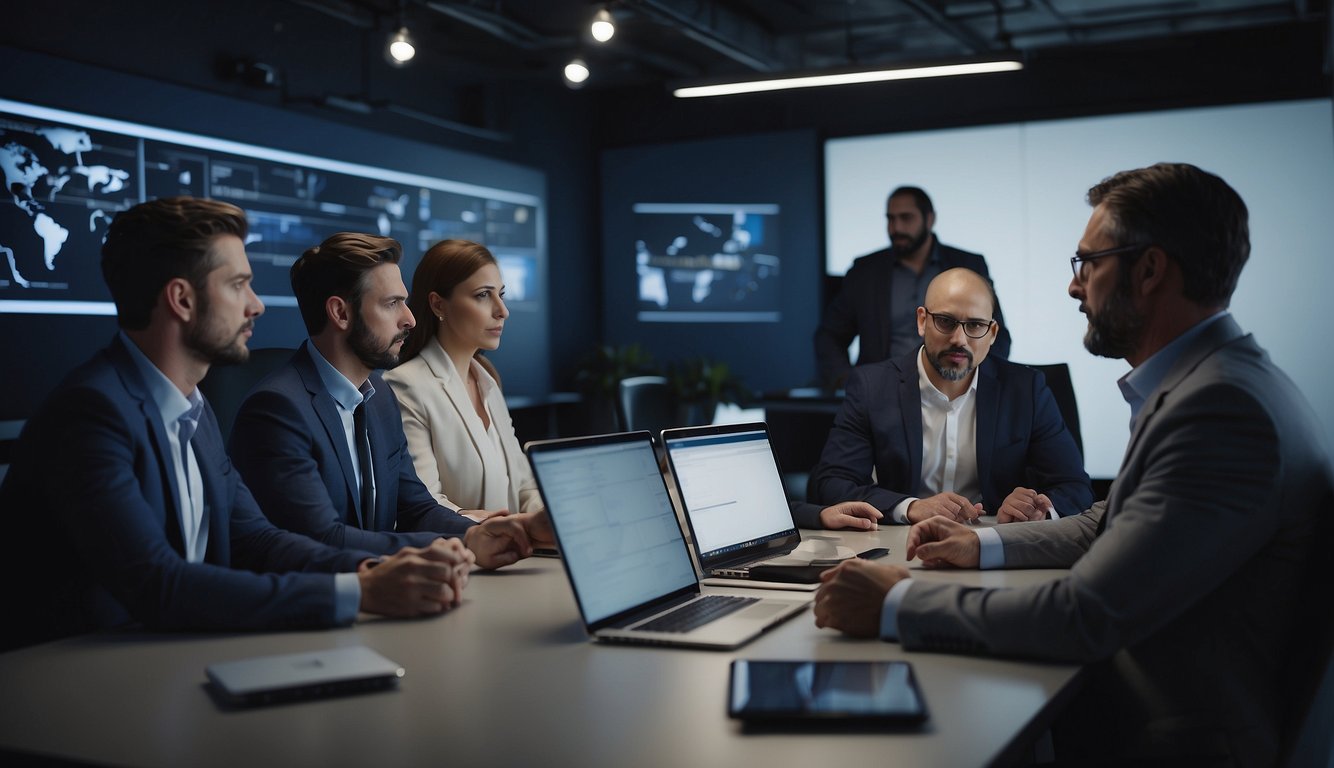 A virtual meeting with multiple participants, each facing their own communication challenges. Some are struggling to connect, while others are dealing with technical issues. The scene is filled with frustration and confusion