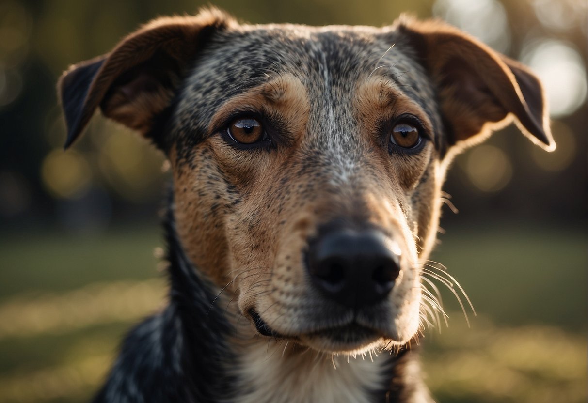 A dog with dry skin is receiving nutrition and care, with a focus on its skin condition