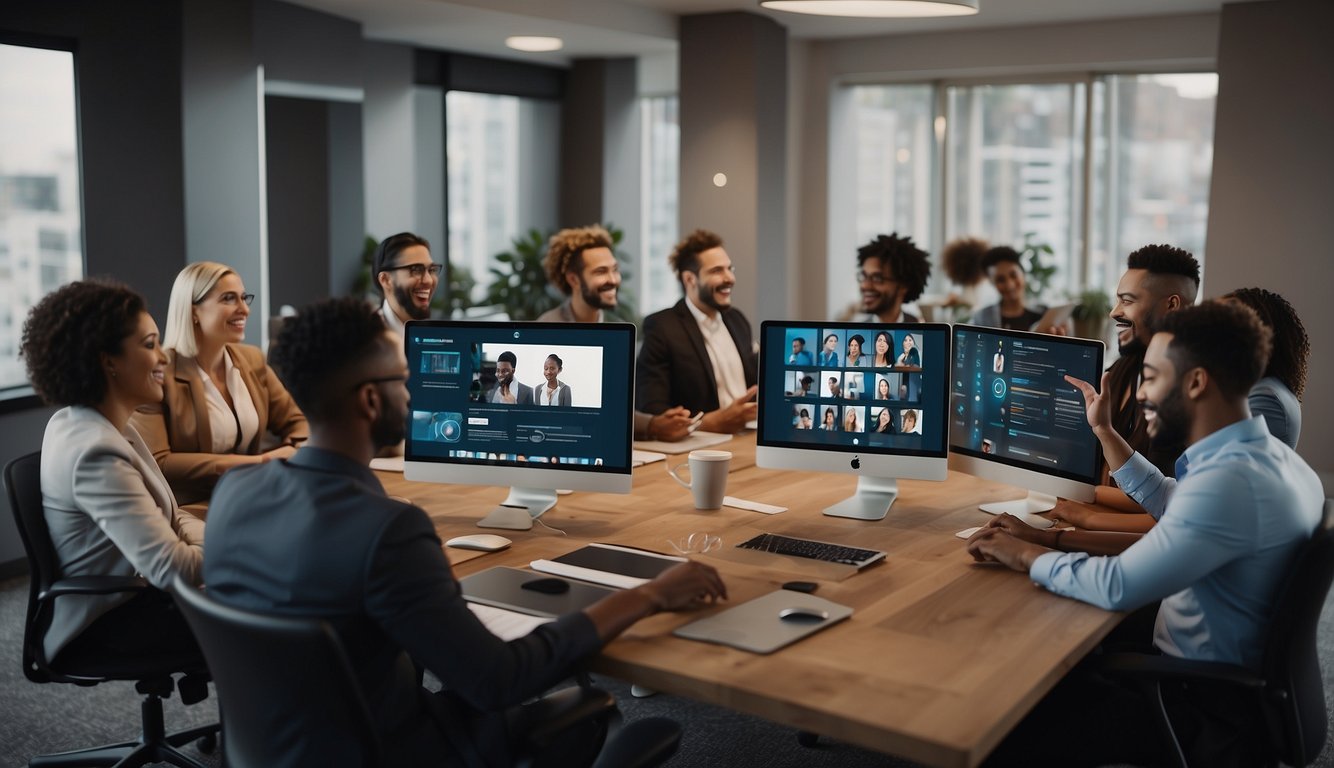 A diverse group of virtual meeting participants engage with enthusiasm, utilizing various communication tools and techniques to overcome challenges