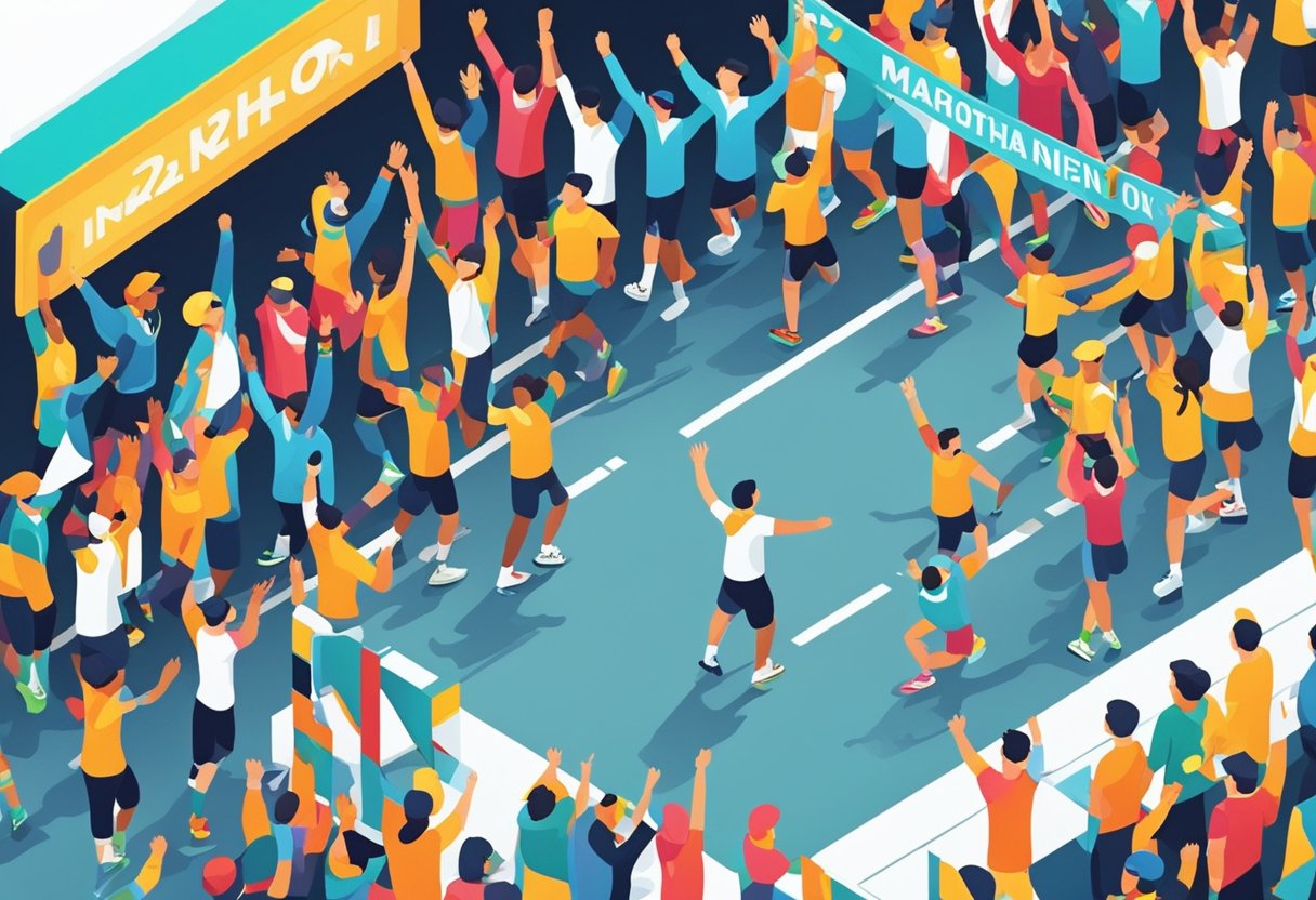 A marathon runner crossing the finish line, arms raised in victory, with a crowd cheering in the background