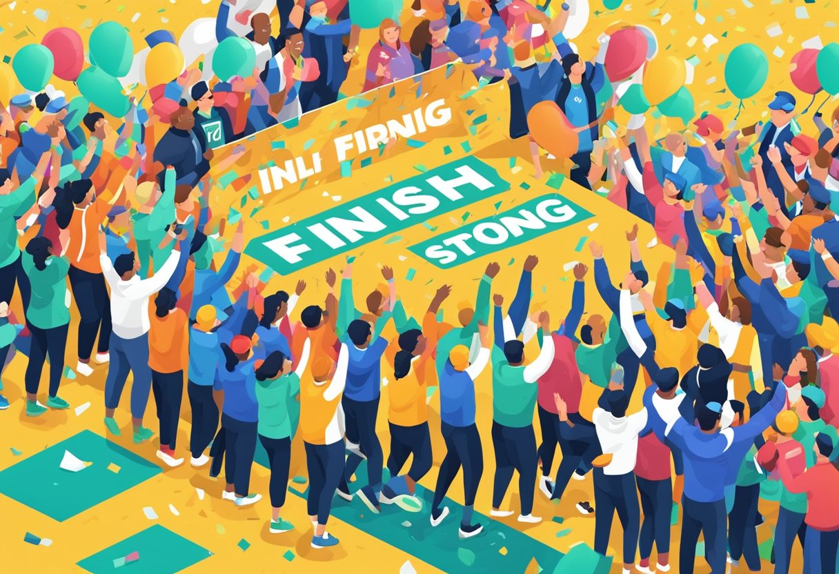 A finish line with a bold "Finish Strong" banner, surrounded by cheering spectators and confetti falling from the sky