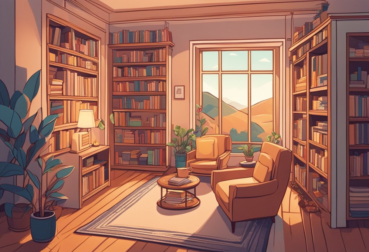 A cozy room with soft lighting, a warm cup of tea, and a bookshelf filled with inspirational quotes