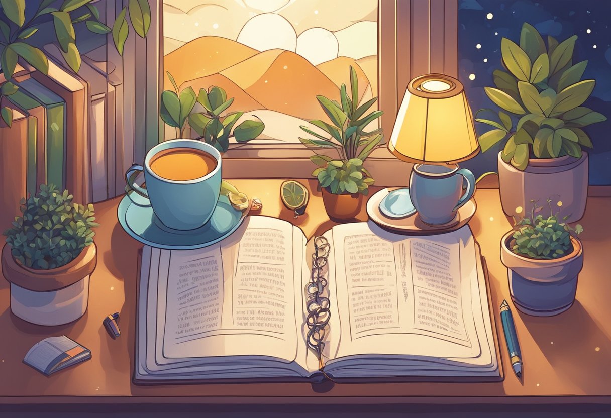 A cozy evening setting with a warm glowing lamp, a cup of tea, and a notebook filled with motivational quotes. A serene atmosphere with a hint of inspiration