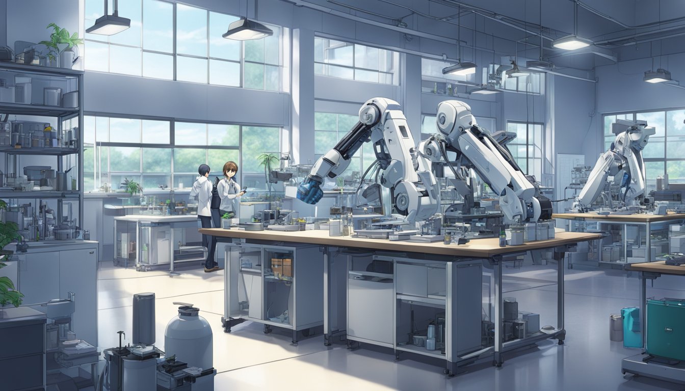 A state-of-the-art laboratory with robotic arms assembling synthetic materials into lifelike forms for future sex doll development