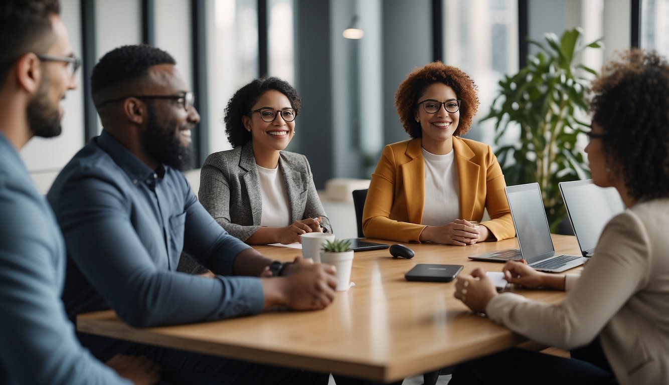 A diverse group of virtual meeting participants engage in active discussion, with various backgrounds and perspectives represented. Visual cues, such as inclusive language and accessible materials, signal a welcoming and inclusive environment