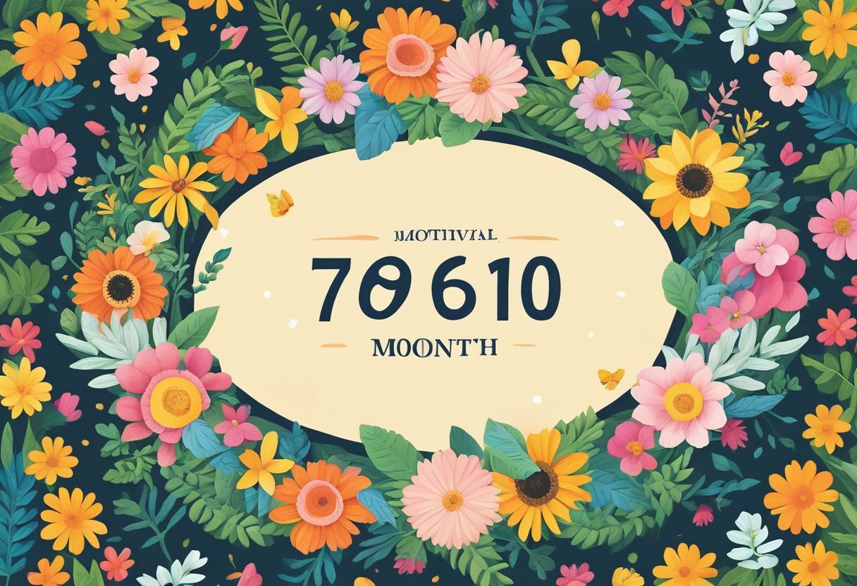 A colorful array of quotes arranged in a circular pattern, surrounded by vibrant flowers and foliage, with the words "76-100 Motivational New Month Quotes" displayed prominently in the center