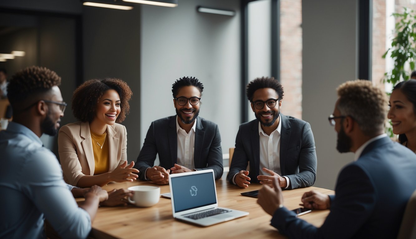 A diverse group of virtual meeting participants engage in lively discussion, with everyone's input valued and included