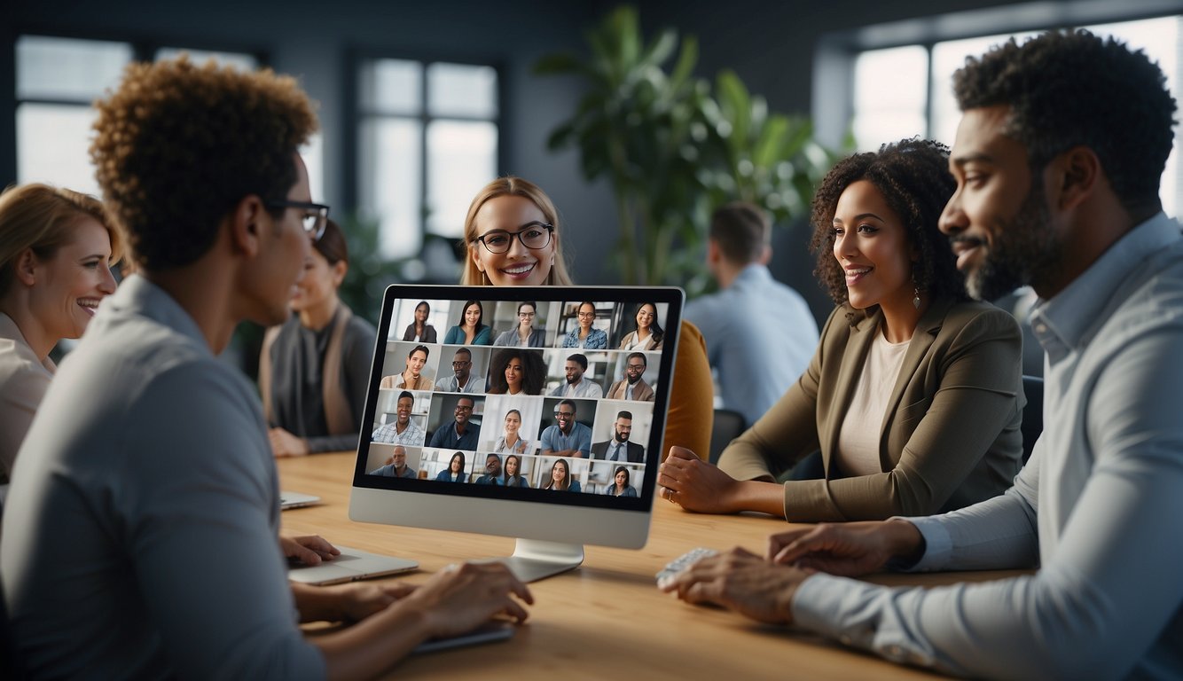 A diverse group of virtual meeting participants engage with technology, utilizing various devices and platforms to foster inclusivity and active participation