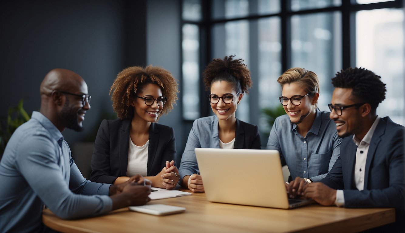 A group of diverse individuals engage in a virtual meeting, using technology and visual aids to communicate effectively and achieve their goals