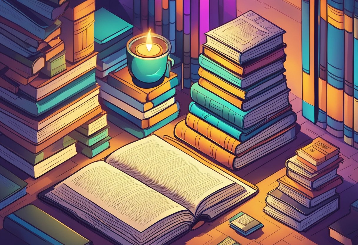 A stack of books with motivational brainy quotes on colorful pages, surrounded by a glowing light and a pencil ready to capture wisdom