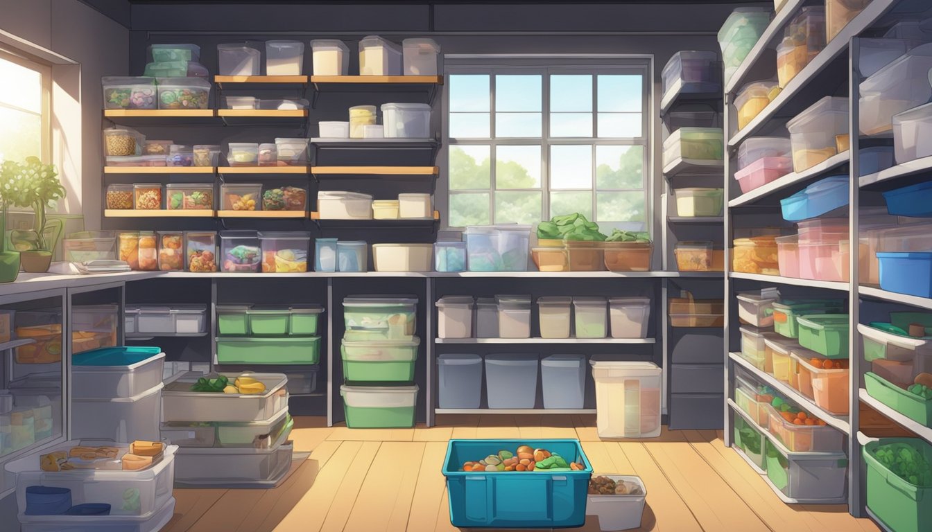 A cluttered closet with shelves, drawers, and bins. A tidy pantry with labeled containers. A garage with wall-mounted racks and clear plastic bins