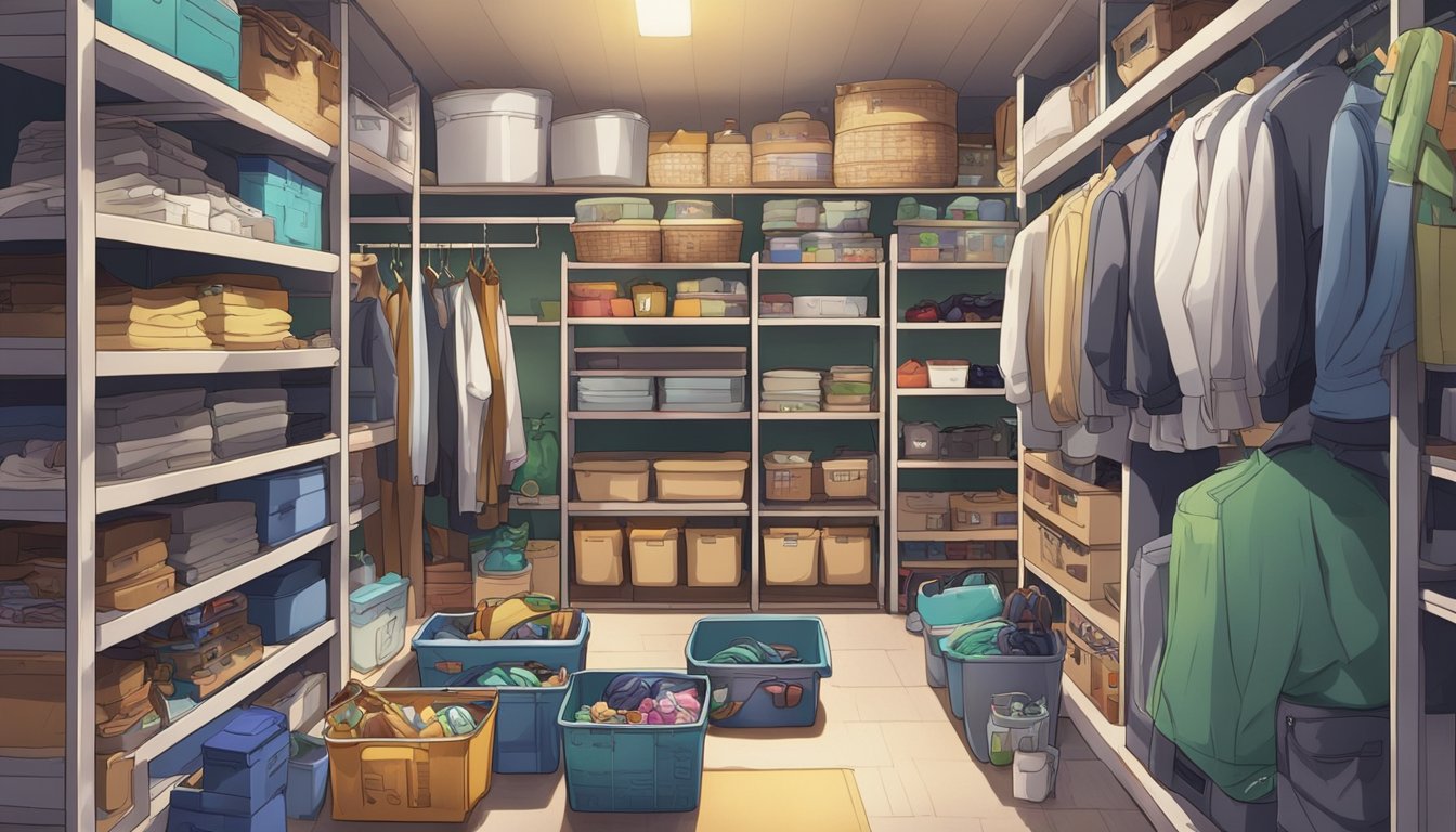 A cluttered closet bursting with clothes and shoes, a neatly organized pantry with labeled shelves, a garage with shelves and bins for tools and equipment