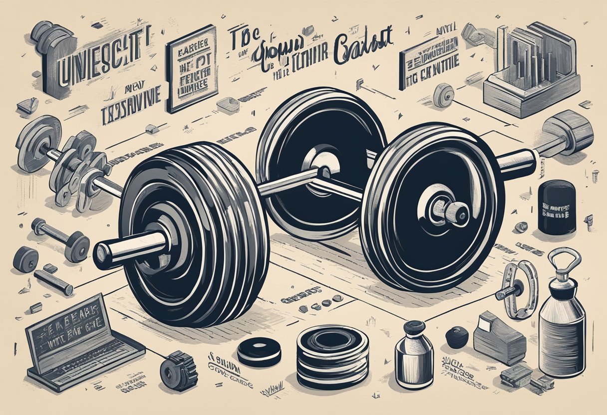 A barbell with motivational quotes engraved on the weights, surrounded by gym equipment and a chalkboard with inspiring phrases