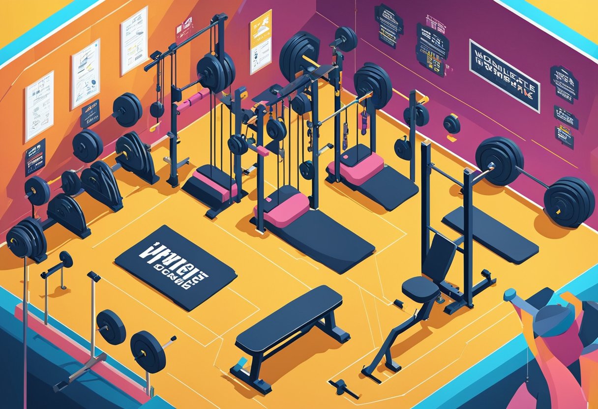A gym filled with weightlifting equipment and motivational quotes on the walls. Bright lights illuminate the space, creating a focused and determined atmosphere