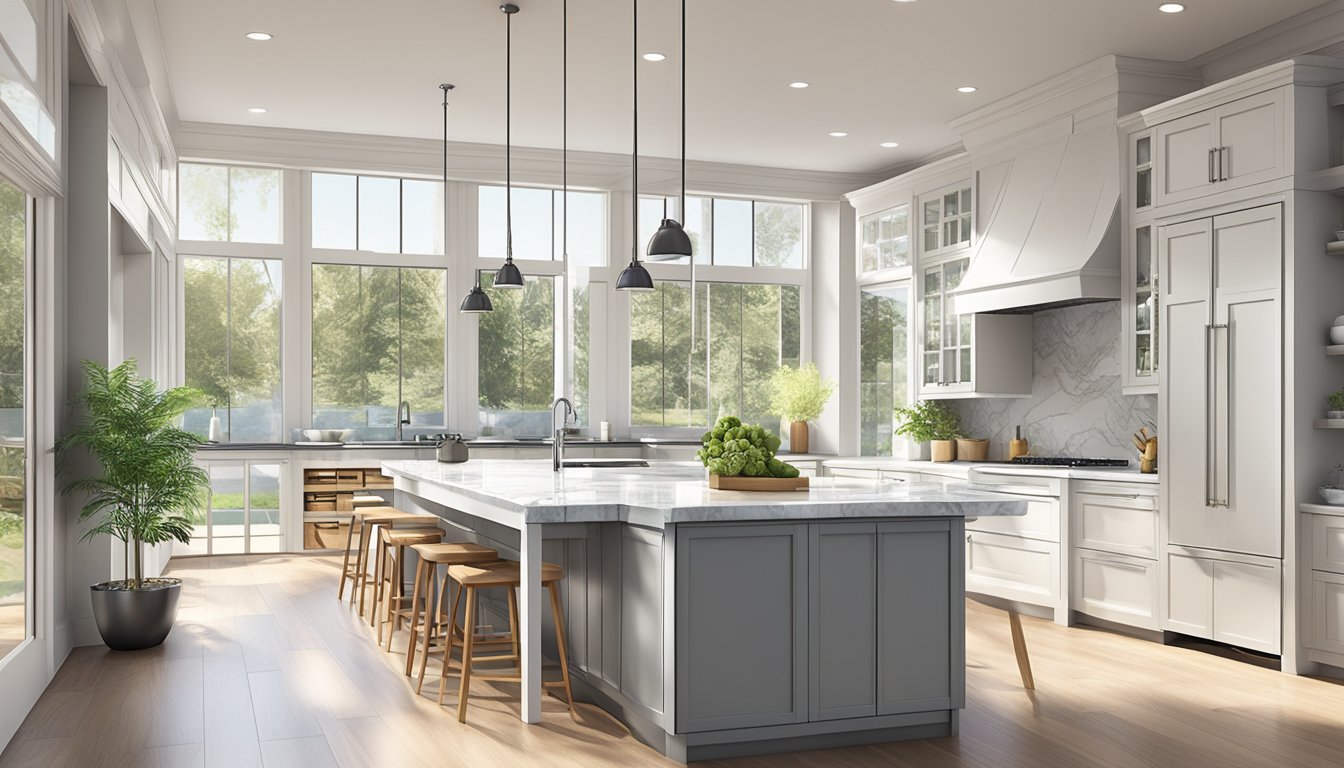 A modern kitchen with sleek cabinets, stainless steel appliances, and a large island with a marble countertop. The space is filled with natural light from the large windows, creating a bright and inviting atmosphere