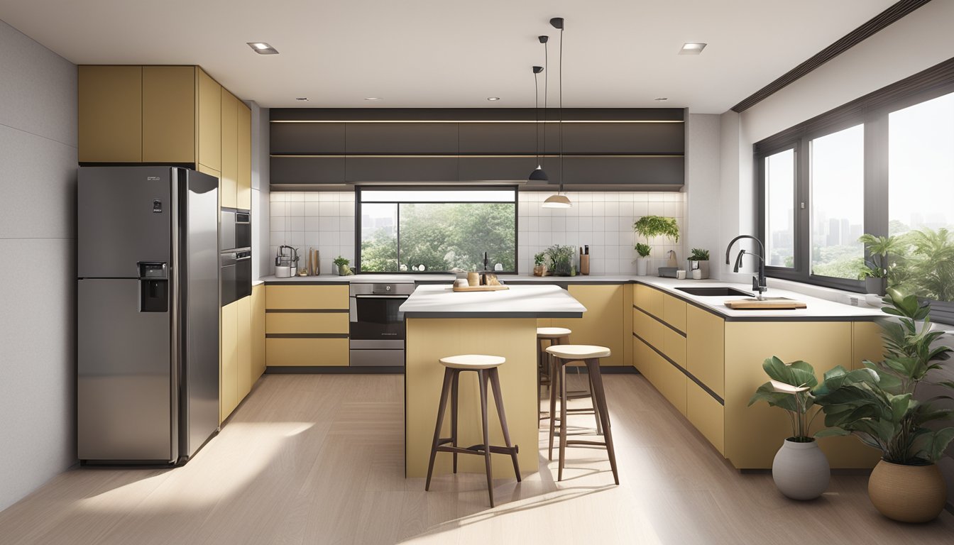 A spacious HDB kitchen with modern appliances, sleek countertops, and ample storage. The natural light floods in through the large windows, illuminating the clean and contemporary design