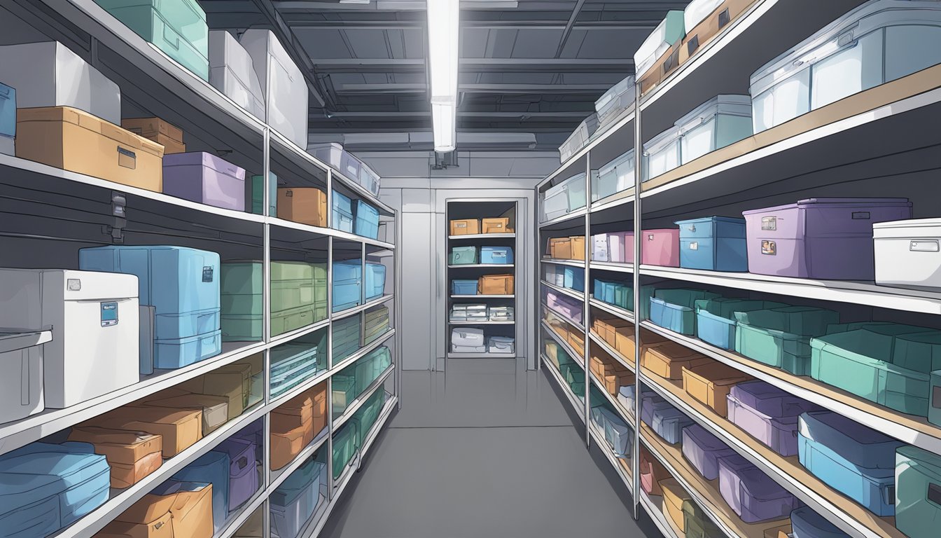 Items stored in a climate-controlled unit, protected from extreme temperatures and humidity. Illustrate a clean, organized storage space with temperature control