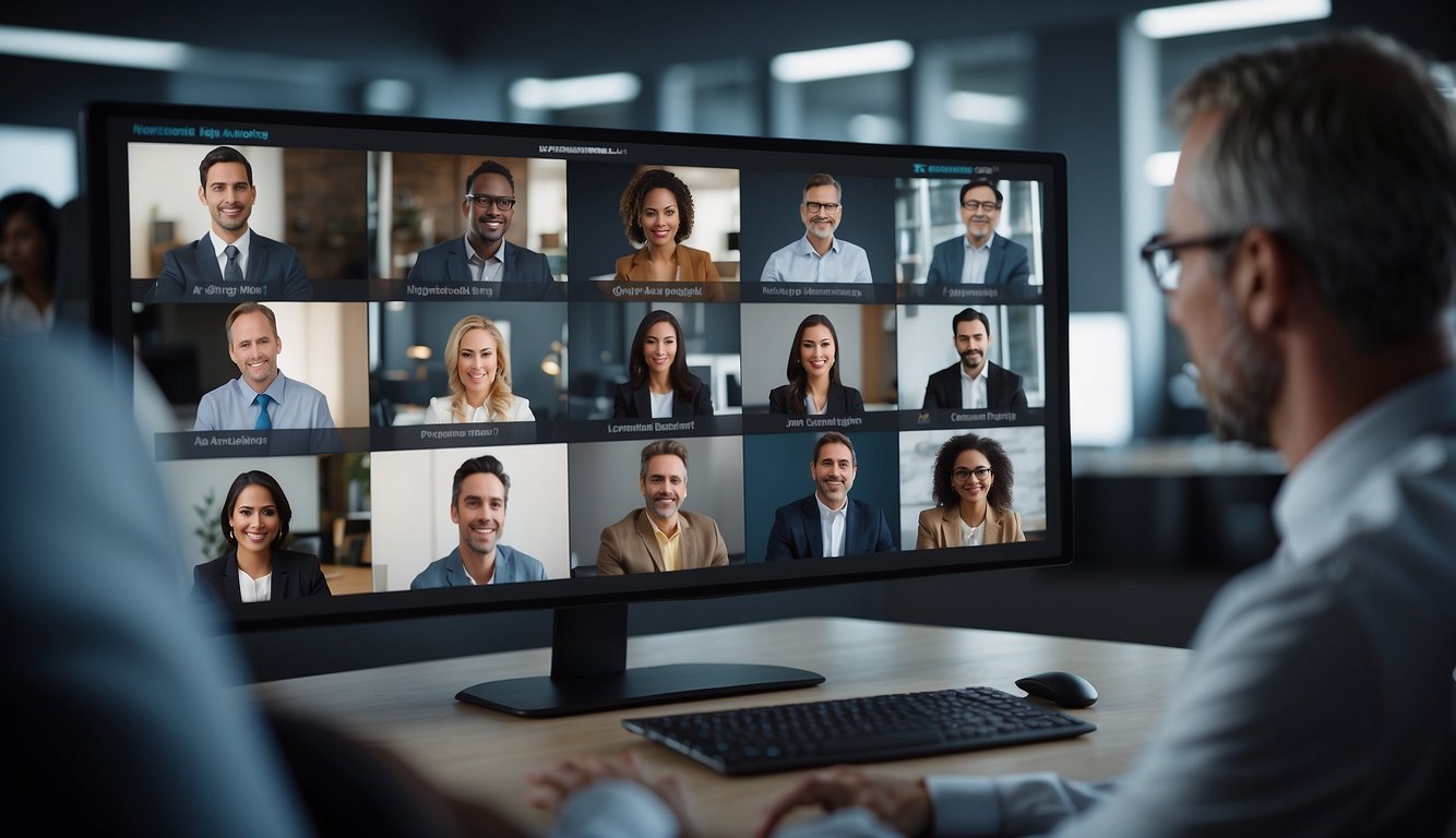 A diverse group of virtual meeting participants engage in discussion, represented by various symbols and icons on a computer screen