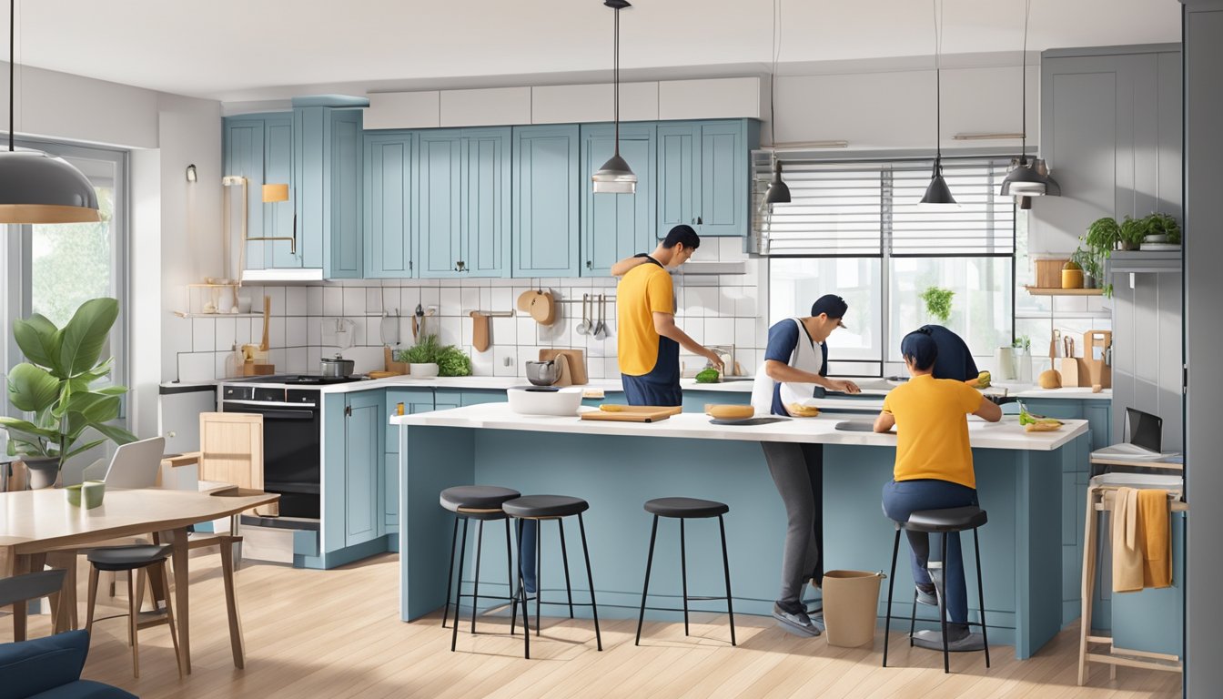 A kitchen being renovated with modern hdb ideas: new cabinets, countertops, and appliances installed, with workers bustling about