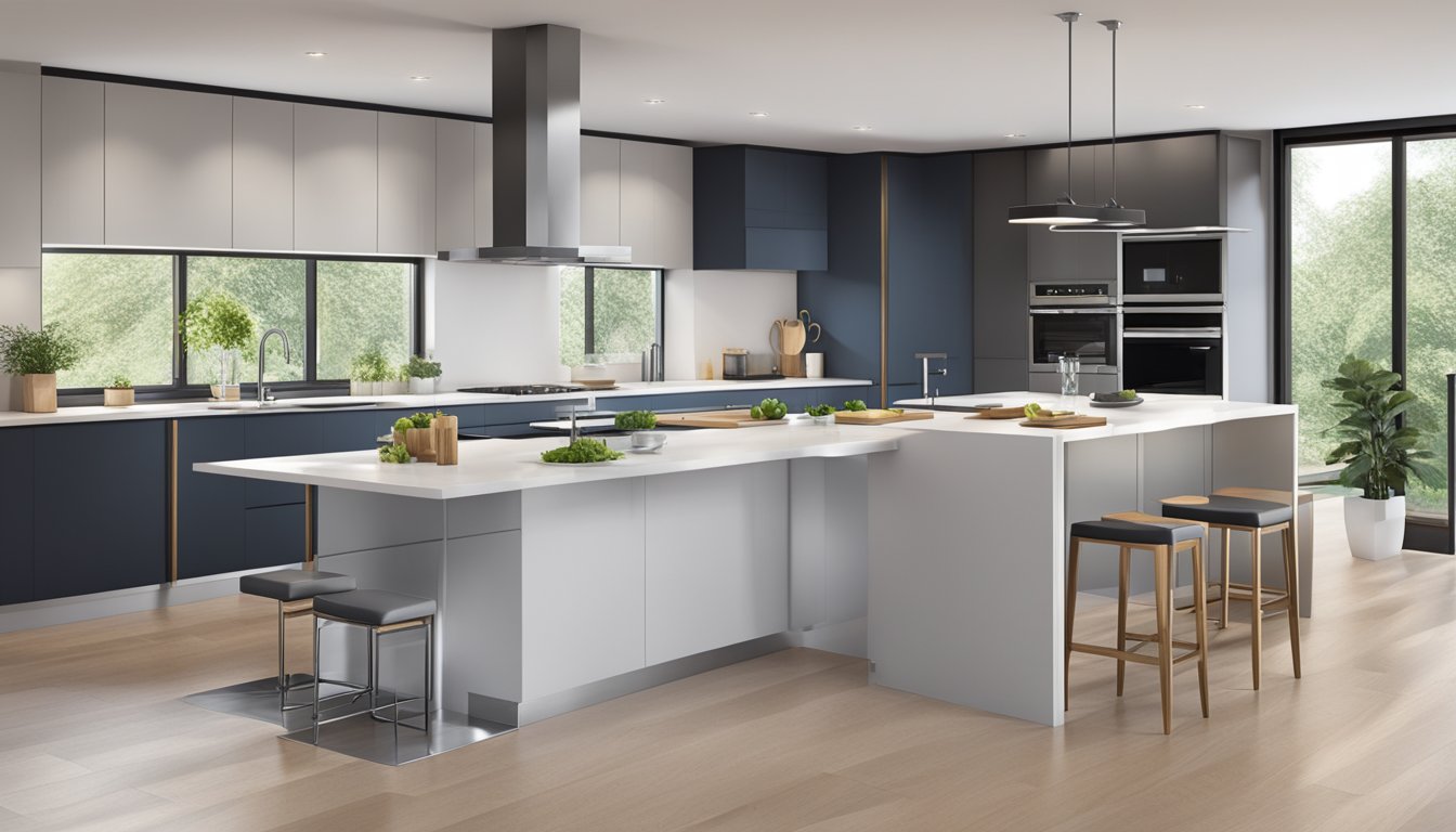 A modern kitchen with sleek cabinets, integrated appliances, and a spacious island. The design is functional and stylish, with ample storage and clever space-saving solutions