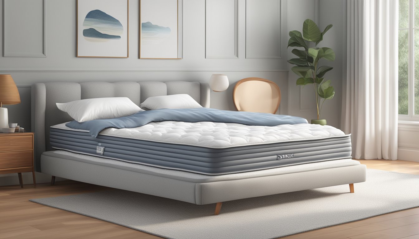 A coiled innerspring mattress lies on a sturdy bed frame, surrounded by soft pillows and a cozy comforter