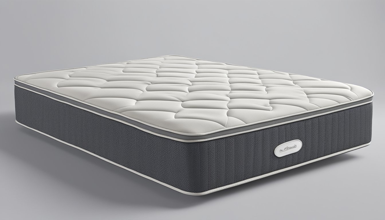 An innerspring mattress with metal coils, encased in fabric, sits on a sturdy bed frame. It has a quilted top layer and is surrounded by a decorative border