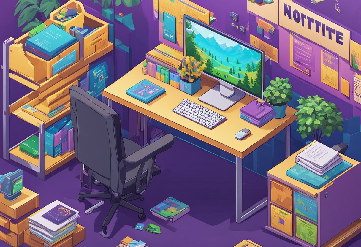 A desk with a computer displaying a list of motivational Fortnite quotes. Posters of Fortnite characters on the wall