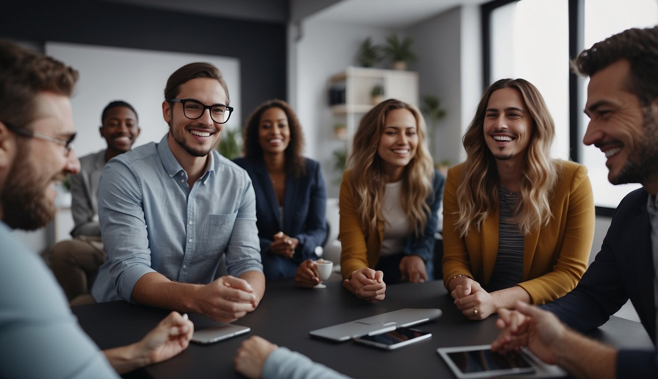 A group of virtual team members engage in icebreaker activities via video call, sharing laughter and building rapport