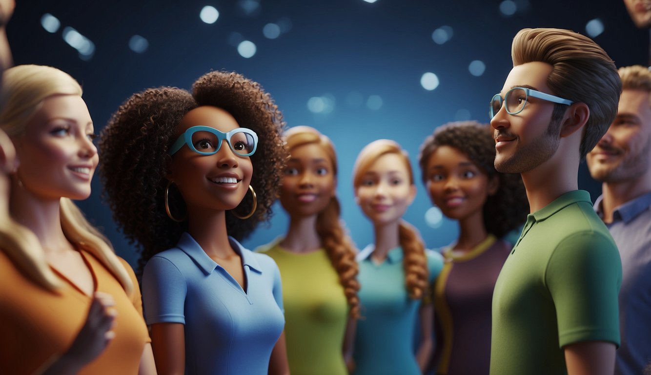 A group of diverse virtual avatars engage in icebreaker activities, fostering team collaboration. Visual cues indicate active participation and positive energy