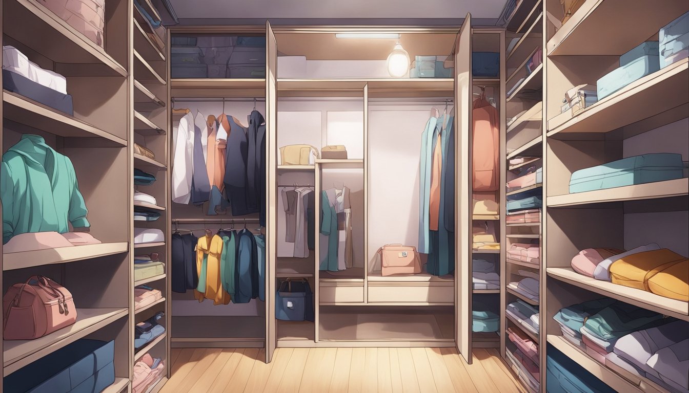 A hidden compartment in a modern closet, concealing a neatly stored sex doll