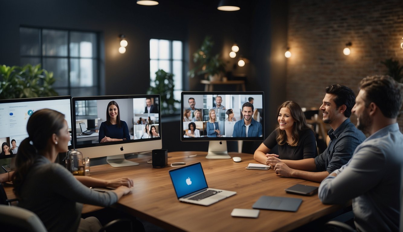 Team members engage in virtual icebreaker activities, sharing ideas and collaborating through video conferencing. The atmosphere is lively and interactive, with everyone participating and overcoming challenges together