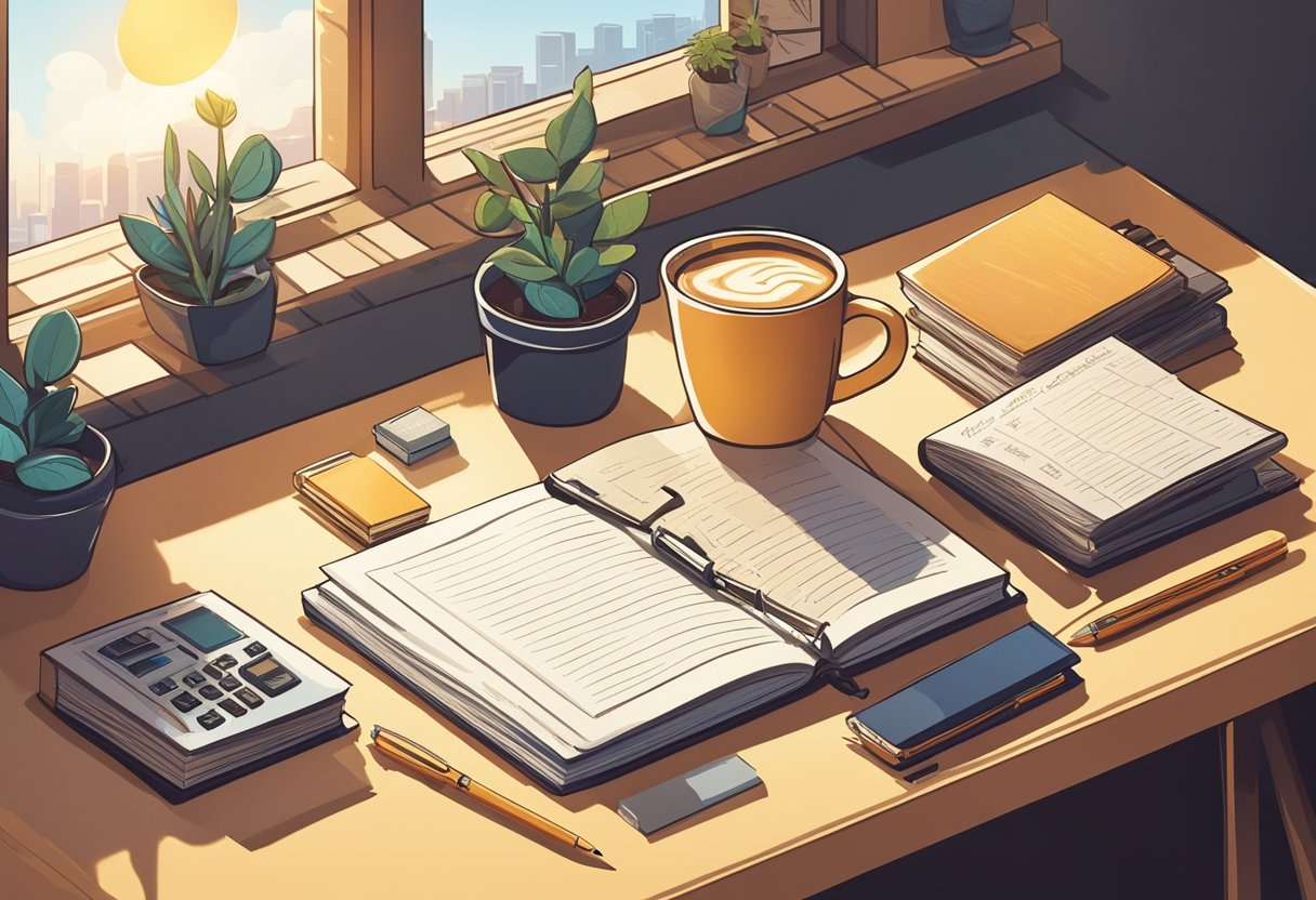 A desk cluttered with notebooks, pens, and a motivational quote list. A steaming cup of coffee sits nearby as the sun streams through the window, casting a warm glow over the scene