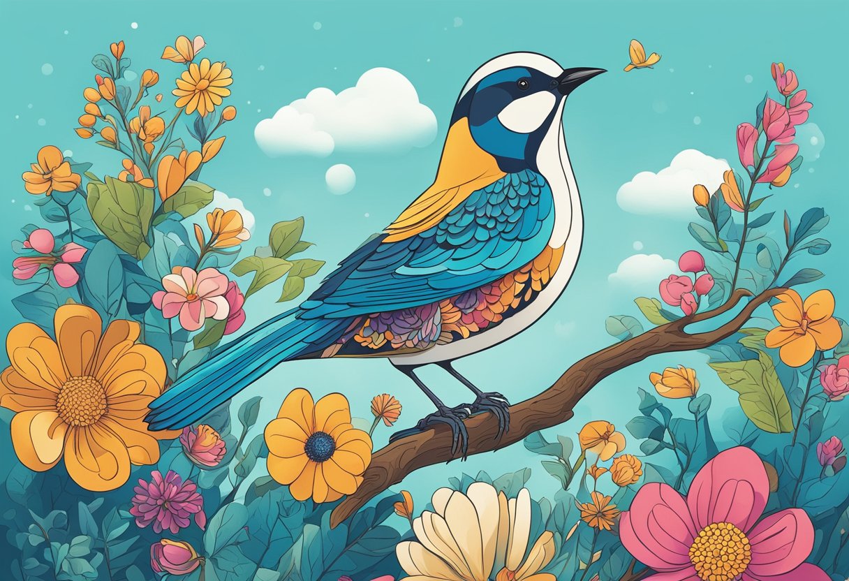 A colorful bird perched on a branch, surrounded by vibrant flowers, with a clear blue sky in the background. A quote bubble with motivational words floating above the bird