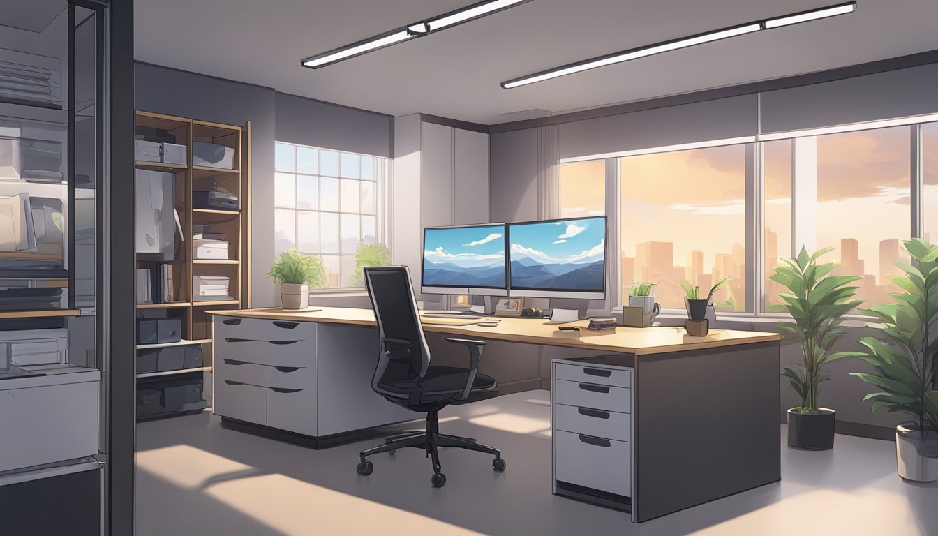 A modern workspace with sleek furniture featuring integrated storage solutions. Clean lines, minimal clutter, and a blend of functionality and style