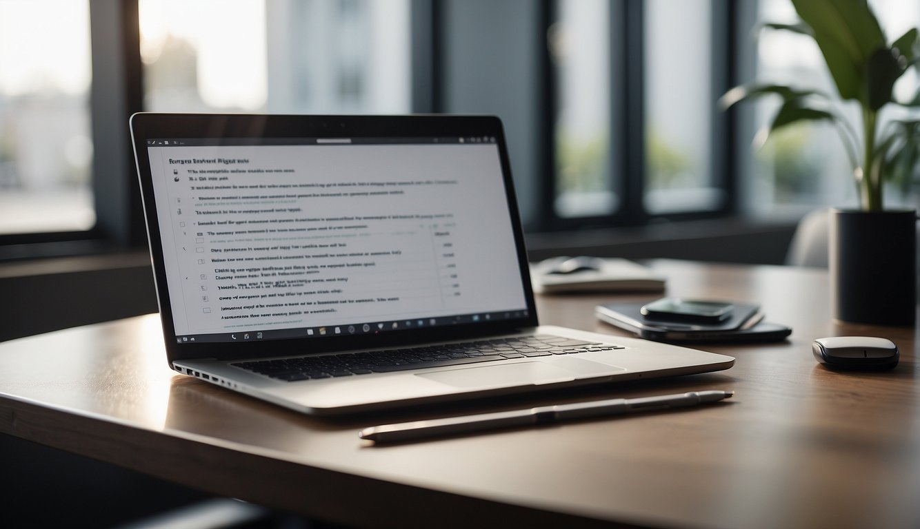 A laptop with open meeting notes, a pen, and a checklist on a desk with a window in the background