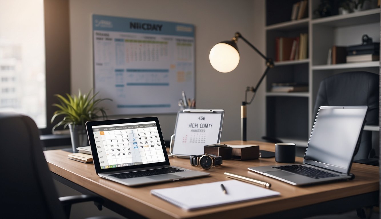 A desk with a laptop, notepad, and pen. A calendar on the wall. A whiteboard with action items and a clock showing the time