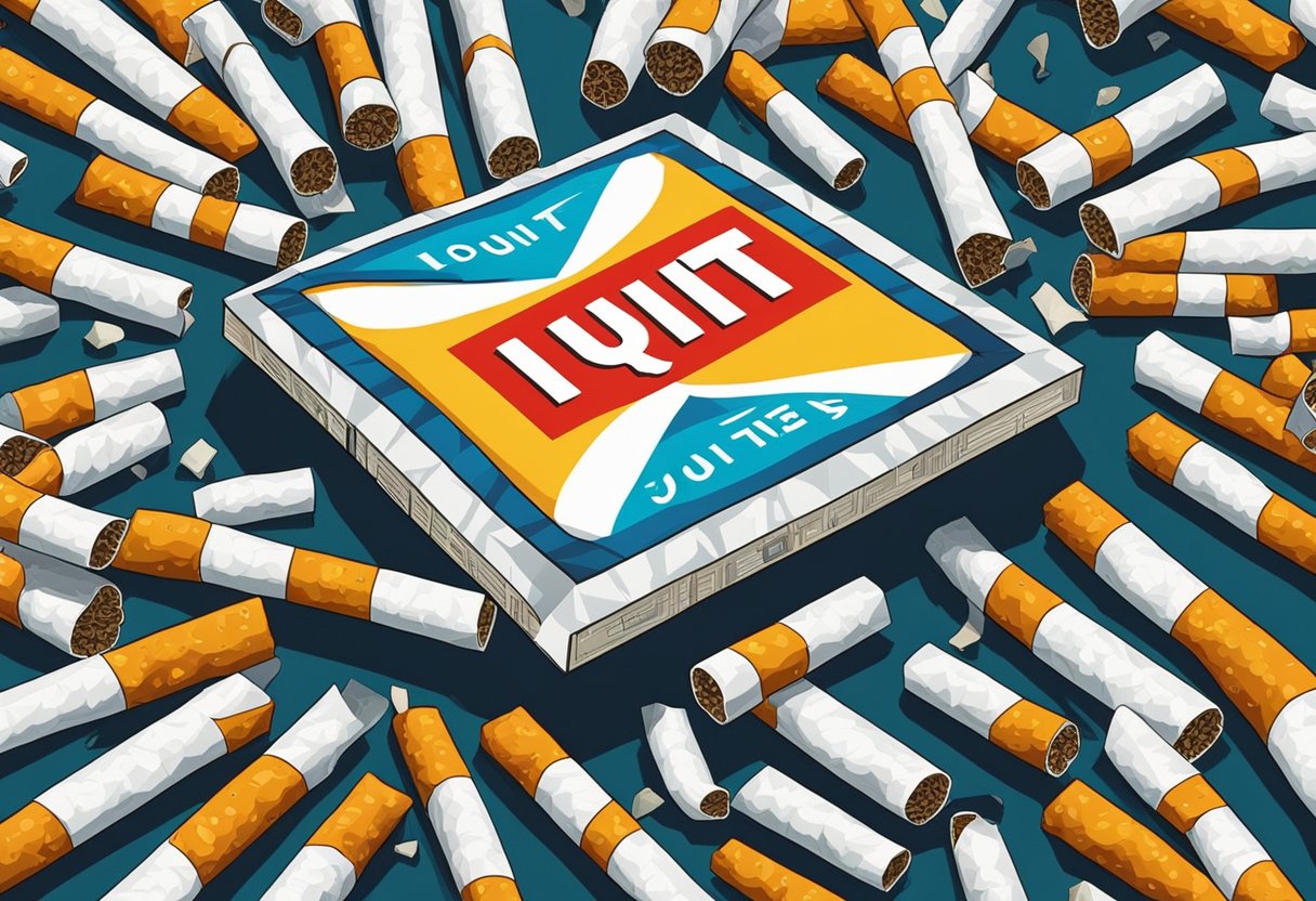 A crumpled pack of cigarettes lies beneath a bold, crossed-out "I Quit" sign. A vibrant, healthy lung contrasts with a dark, diseased lung in the background