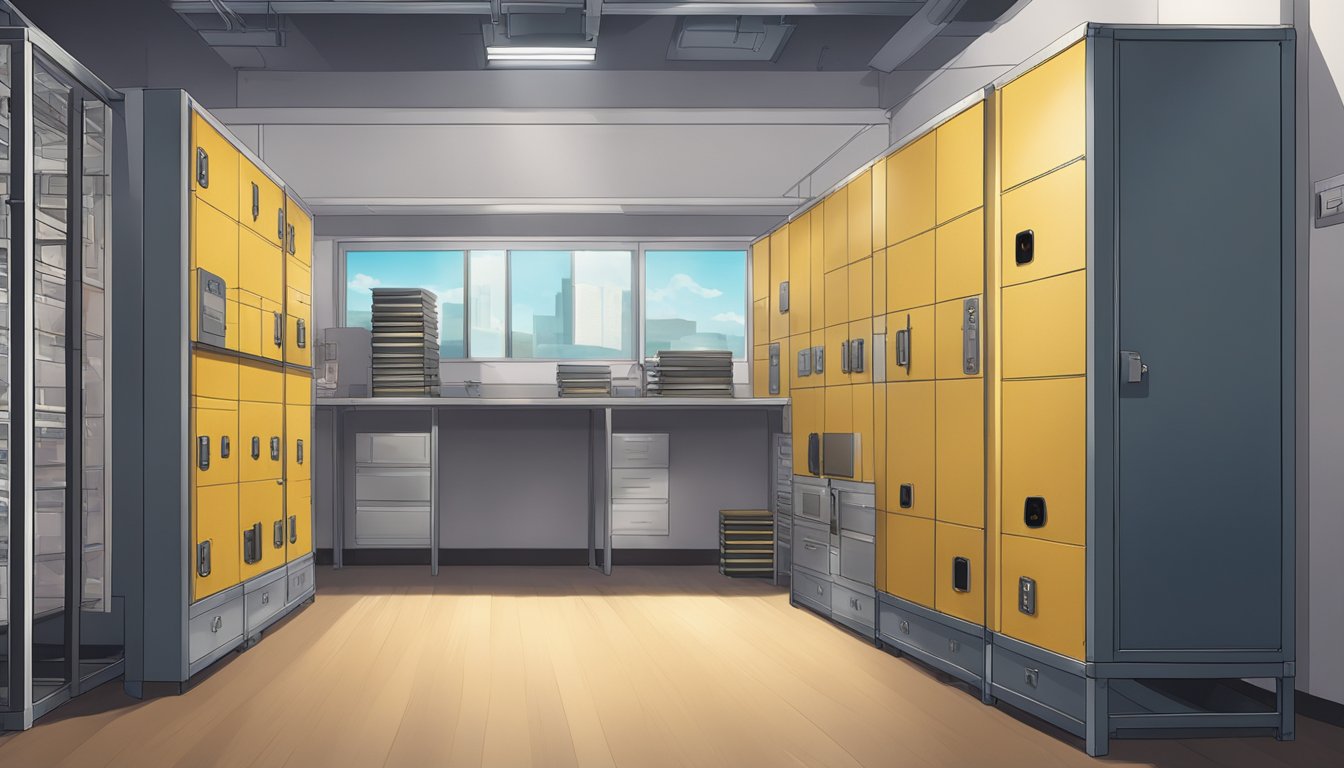 A secure storage room with locked cabinets and surveillance cameras to protect stored sex dolls from theft or damage