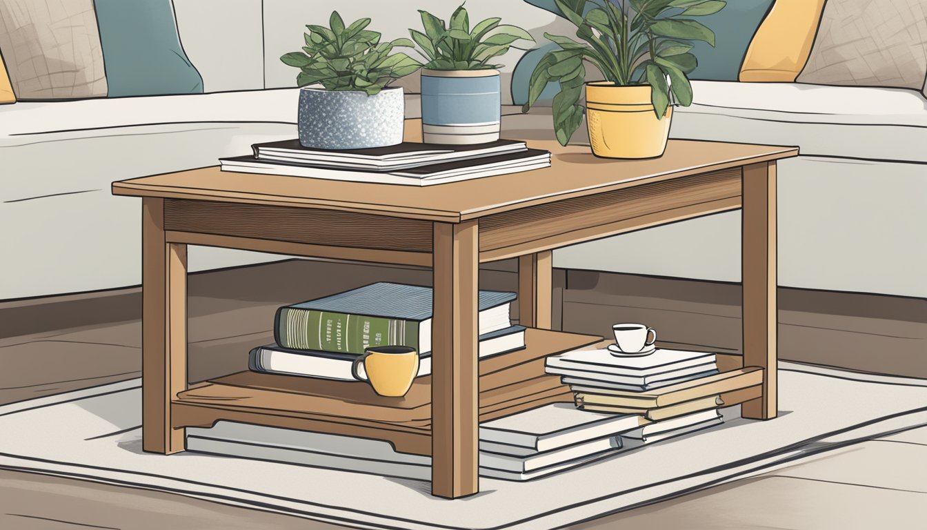 A coffee table sits at standard height, adorned with a neatly arranged stack of books and a potted plant