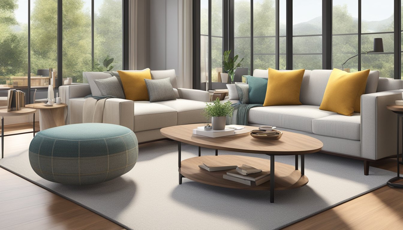 A coffee table stands at a height of 16-18 inches, with a 1-2 inch difference for comfort. The table is surrounded by seating, creating a cozy and inviting space