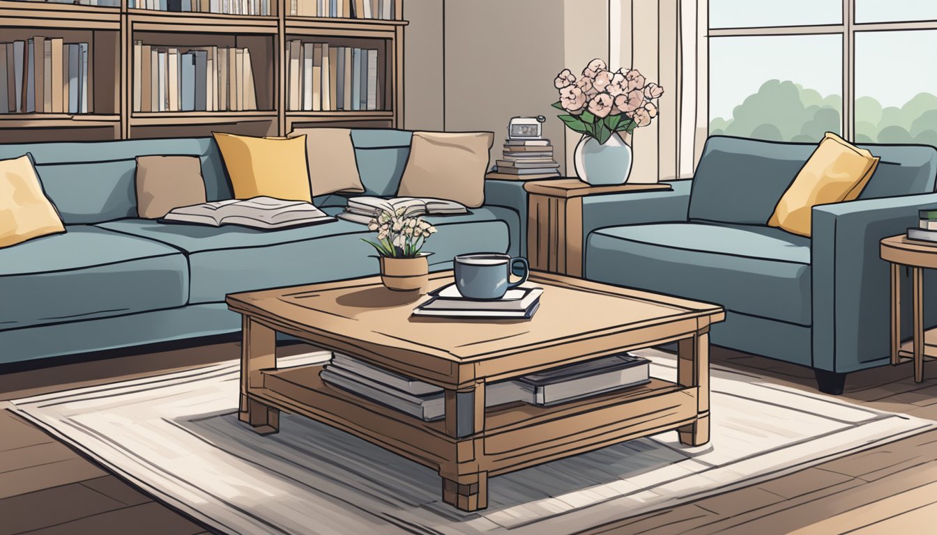 A coffee table sits at a standard height, with a stack of books and a vase of flowers on top. A remote control and coasters are placed nearby for convenience