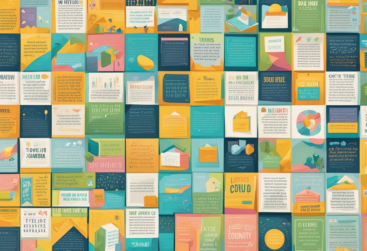 A bulletin board filled with colorful, inspiring quotes arranged in a grid pattern. The quotes are diverse and uplifting, representing a strong sense of community and motivation